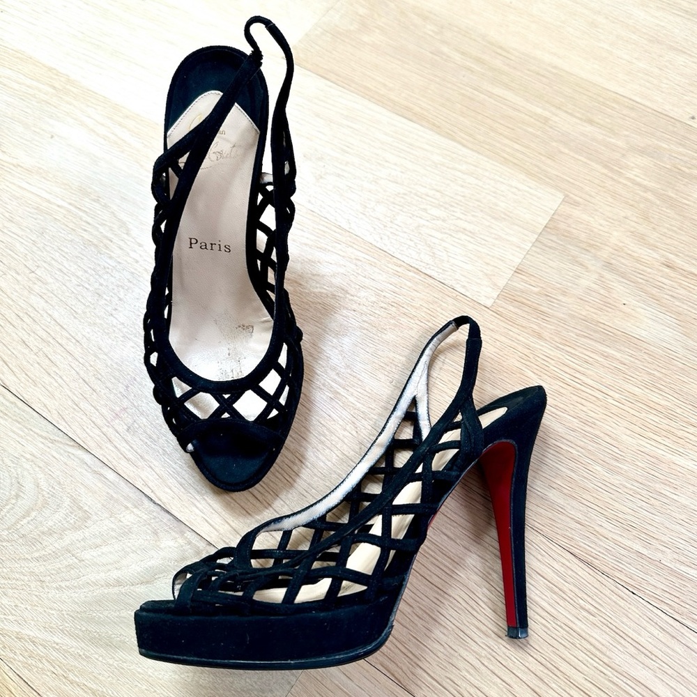 Christian Louboutin Black Suede Cage Stiletto Slingback Platform Heels 37 7